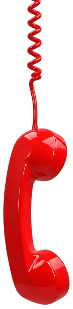 Auricular de teléfono rojo colgando de su cable rizado